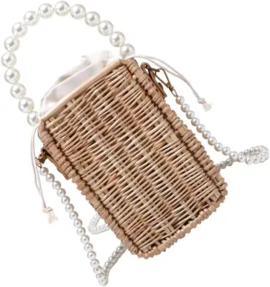 1Pc Fashionable Woven Handbag with Pearl Straps Unique Bucket Design for Daily Use Versatile Khaki Color for Any Outfit