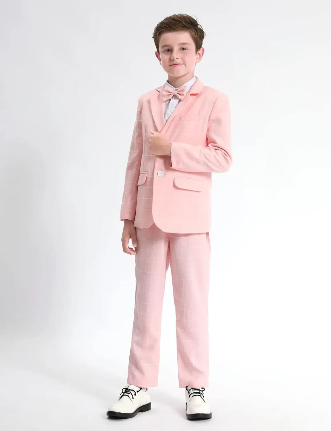 A&J DESIGN Boys' 2-Piece Suits Set Jacket Pants Bow Tie Kids Plaid Formal Outfits
