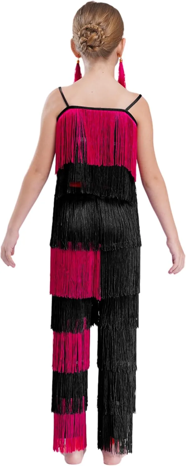 ACSUSS Kids Girls Tassel Cami Top Fringe Pants Ear Clips Set Professional Latin Dance Outfit Salsa Tango Dancewear