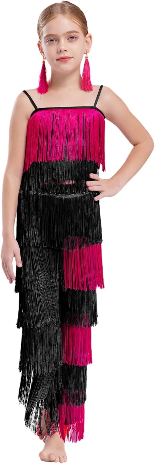 ACSUSS Kids Girls Tassel Cami Top Fringe Pants Ear Clips Set Professional Latin Dance Outfit Salsa Tango Dancewear