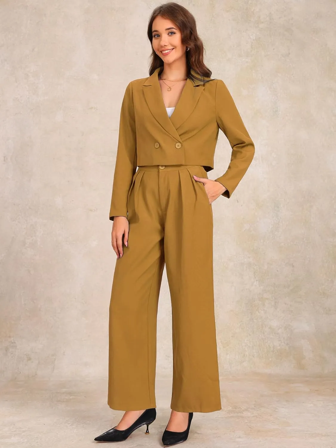 Allegra K Women's 2 Piece Set Business Casual Outfit Notched Lapel Crop Jacket Wide Leg Pant Work Suits