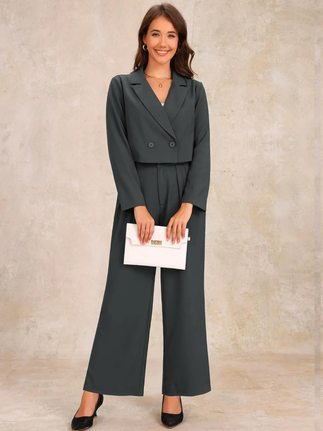 Allegra K Women's 2 Piece Set Business Casual Outfit Notched Lapel Crop Jacket Wide Leg Pant Work Suits