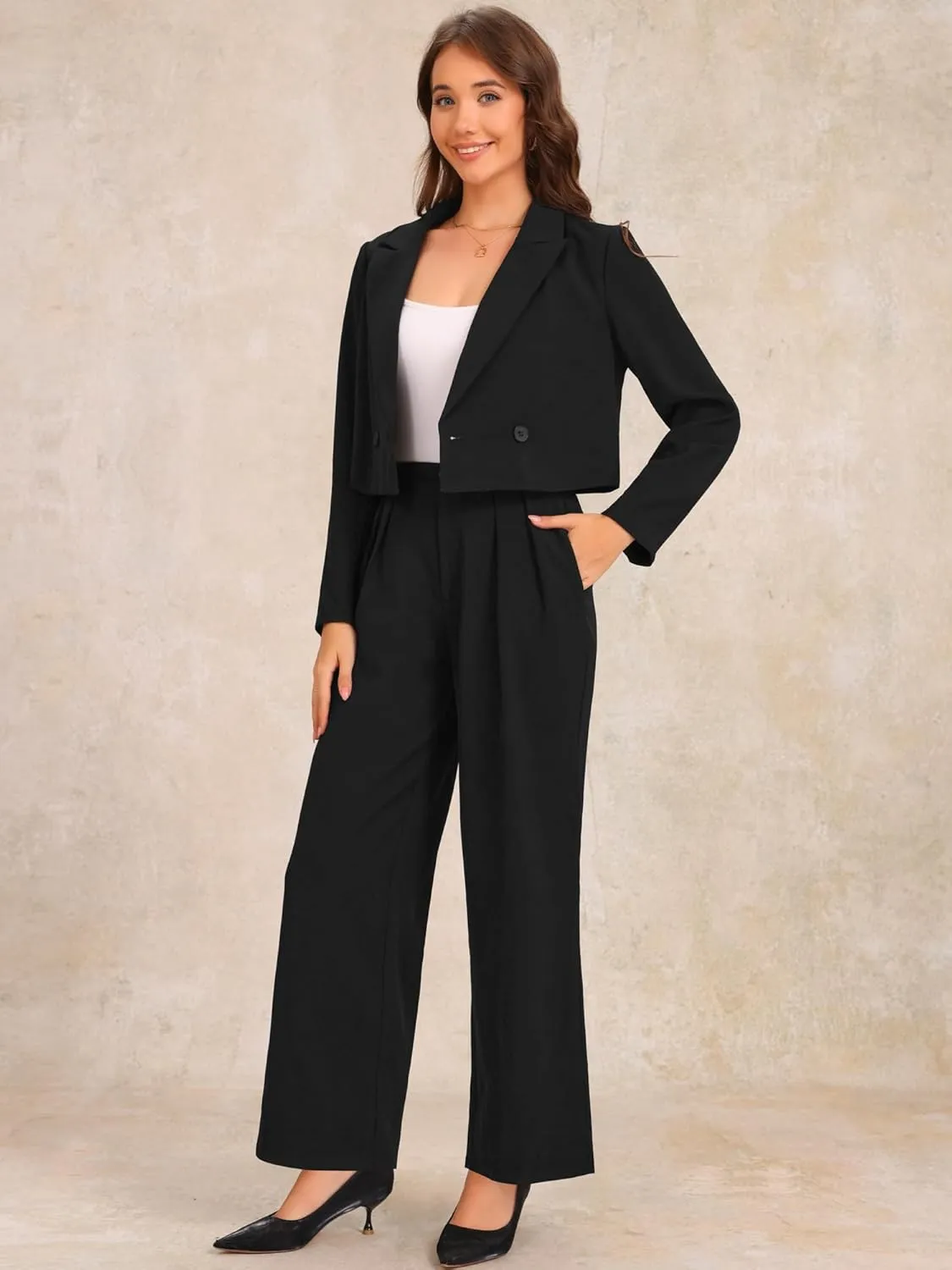 Allegra K Women's 2 Piece Set Business Casual Outfit Notched Lapel Crop Jacket Wide Leg Pant Work Suits
