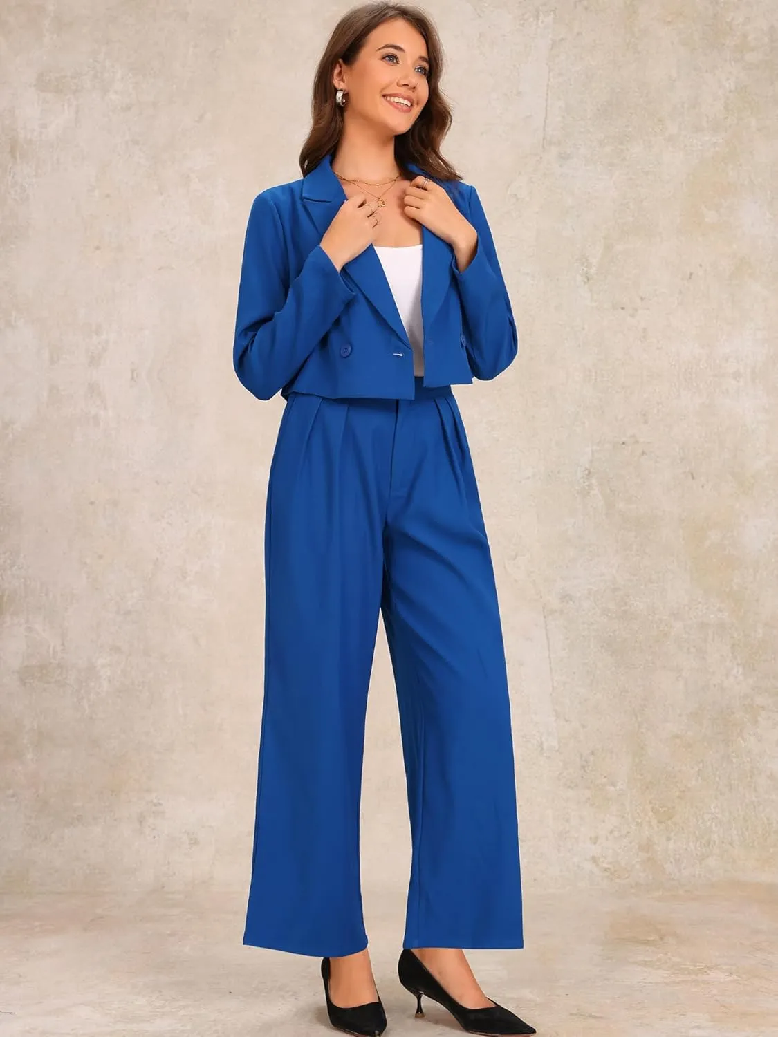 Allegra K Women's 2 Piece Set Business Casual Outfit Notched Lapel Crop Jacket Wide Leg Pant Work Suits