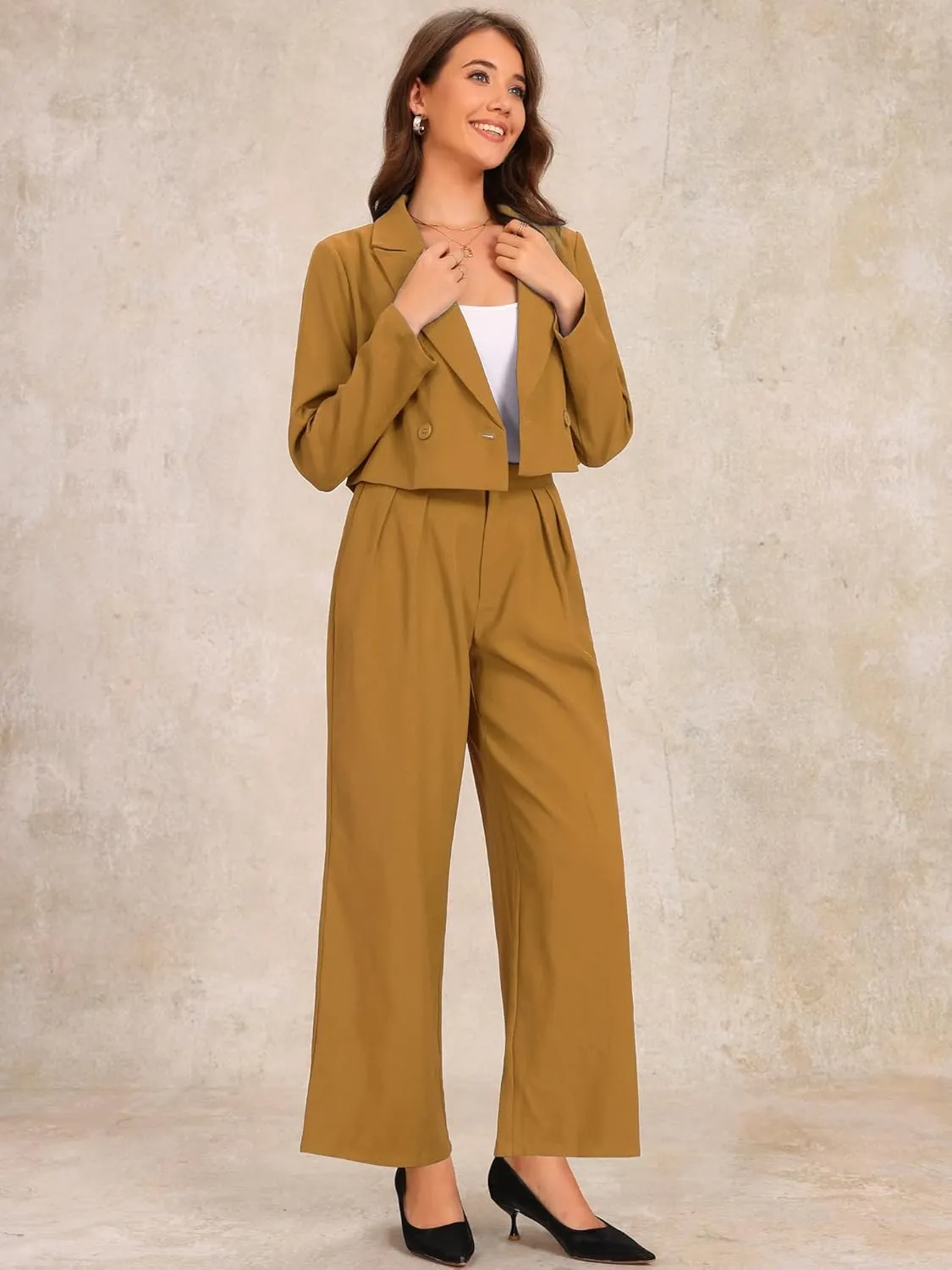 Allegra K Women's 2 Piece Set Business Casual Outfit Notched Lapel Crop Jacket Wide Leg Pant Work Suits