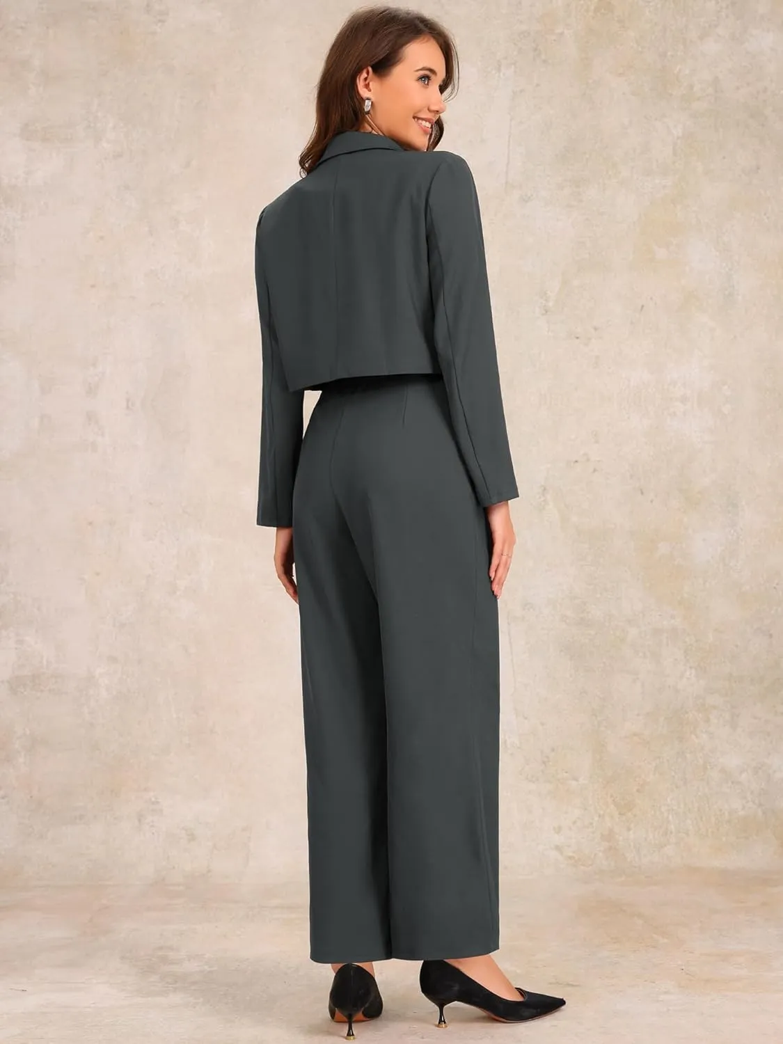 Allegra K Women's 2 Piece Set Business Casual Outfit Notched Lapel Crop Jacket Wide Leg Pant Work Suits