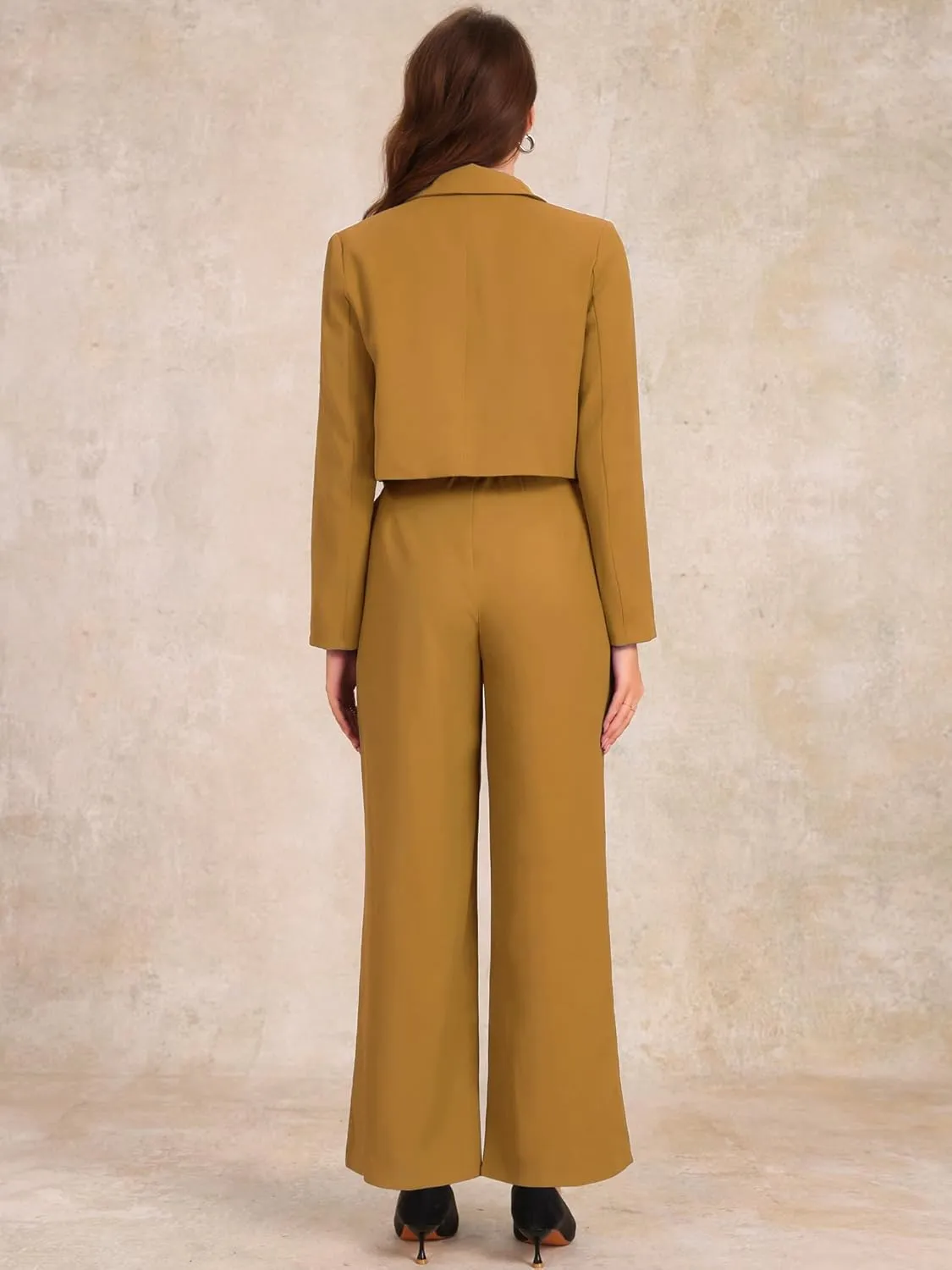 Allegra K Women's 2 Piece Set Business Casual Outfit Notched Lapel Crop Jacket Wide Leg Pant Work Suits