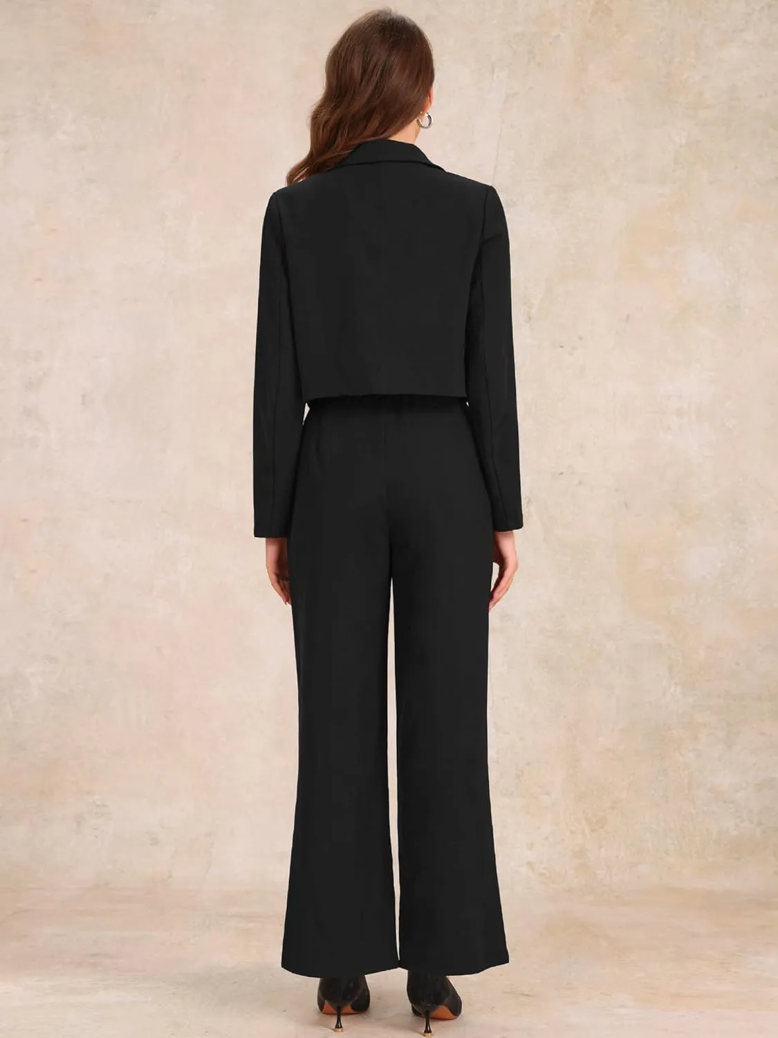 Allegra K Women's 2 Piece Set Business Casual Outfit Notched Lapel Crop Jacket Wide Leg Pant Work Suits