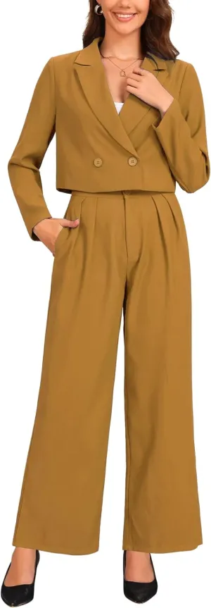 Allegra K Women's 2 Piece Set Business Casual Outfit Notched Lapel Crop Jacket Wide Leg Pant Work Suits