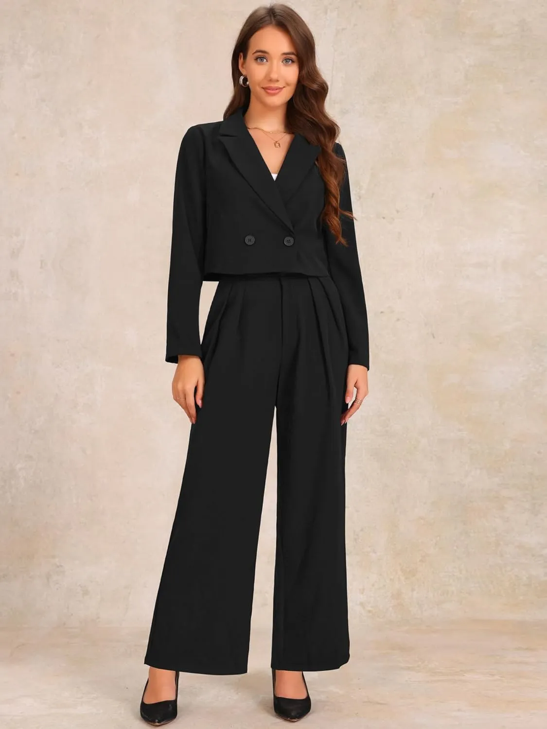 Allegra K Women's 2 Piece Set Business Casual Outfit Notched Lapel Crop Jacket Wide Leg Pant Work Suits