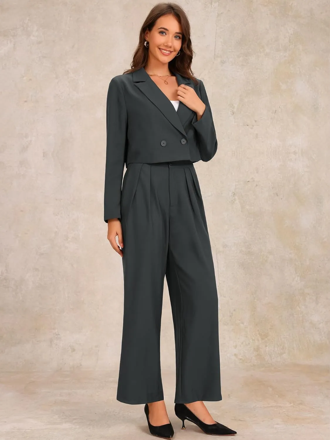 Allegra K Women's 2 Piece Set Business Casual Outfit Notched Lapel Crop Jacket Wide Leg Pant Work Suits