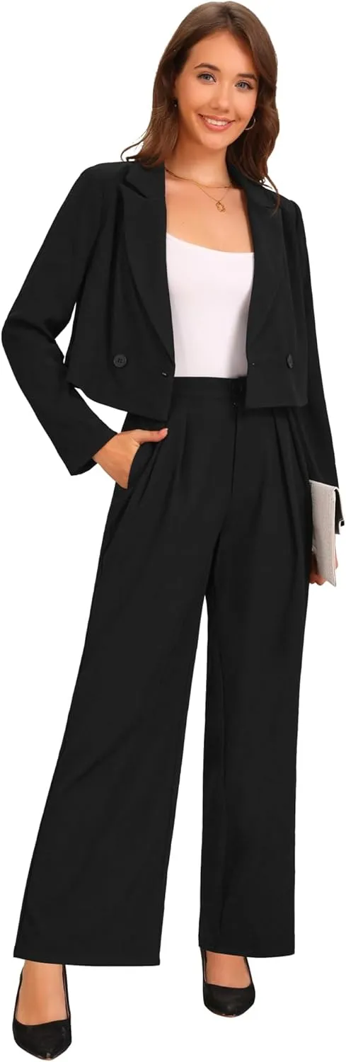 Allegra K Women's 2 Piece Set Business Casual Outfit Notched Lapel Crop Jacket Wide Leg Pant Work Suits