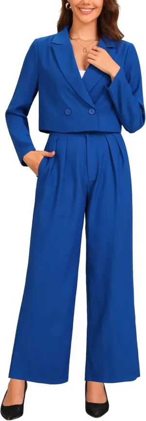 Allegra K Women's 2 Piece Set Business Casual Outfit Notched Lapel Crop Jacket Wide Leg Pant Work Suits