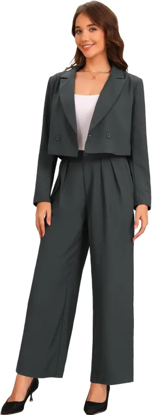 Allegra K Women's 2 Piece Set Business Casual Outfit Notched Lapel Crop Jacket Wide Leg Pant Work Suits