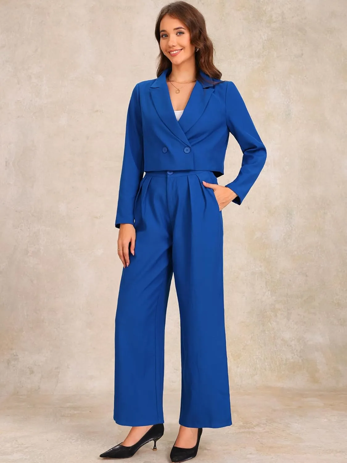Allegra K Women's 2 Piece Set Business Casual Outfit Notched Lapel Crop Jacket Wide Leg Pant Work Suits