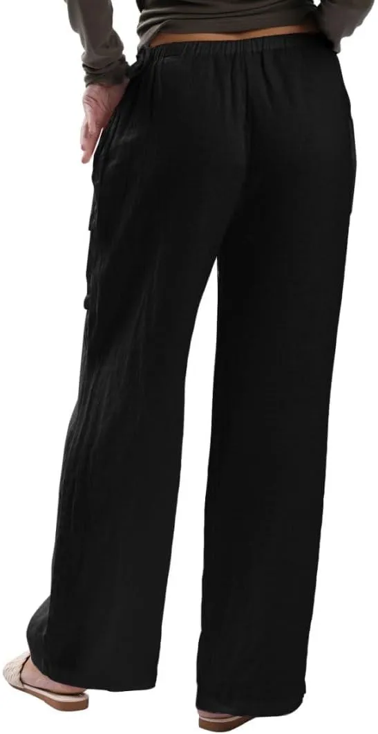 Amazhiyu Women's 100% Linen Wide-Leg Pants Summer Casual Lounge Palazzo Pockets