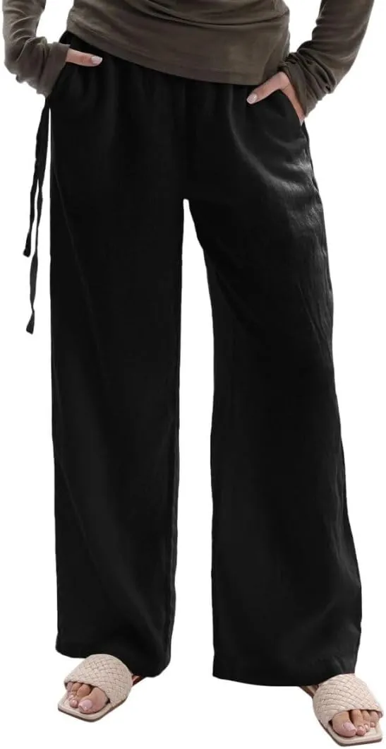 Amazhiyu Women's 100% Linen Wide-Leg Pants Summer Casual Lounge Palazzo Pockets