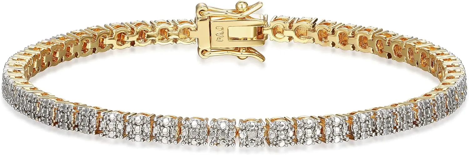 Amazon Essentials Fine Silver Over 18K Gold Tone Diamond Cluster Illusion Diamond Accent Tennis Bracelet, 7.25" (previously Amazon Collection)
