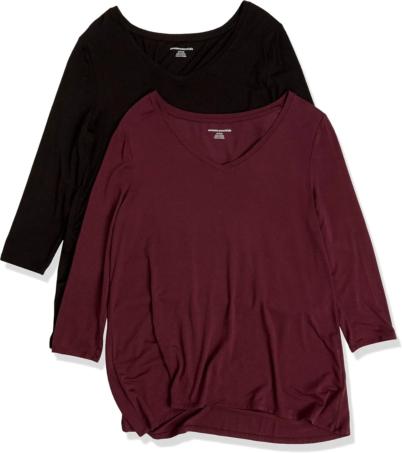 Amazon Essentials Women's 3/4 Sleeve V-Neck Swing T-Shirt (Available in Plus Size), Pack of 2
