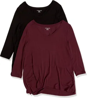 Amazon Essentials Women's 3/4 Sleeve V-Neck Swing T-Shirt (Available in Plus Size), Pack of 2