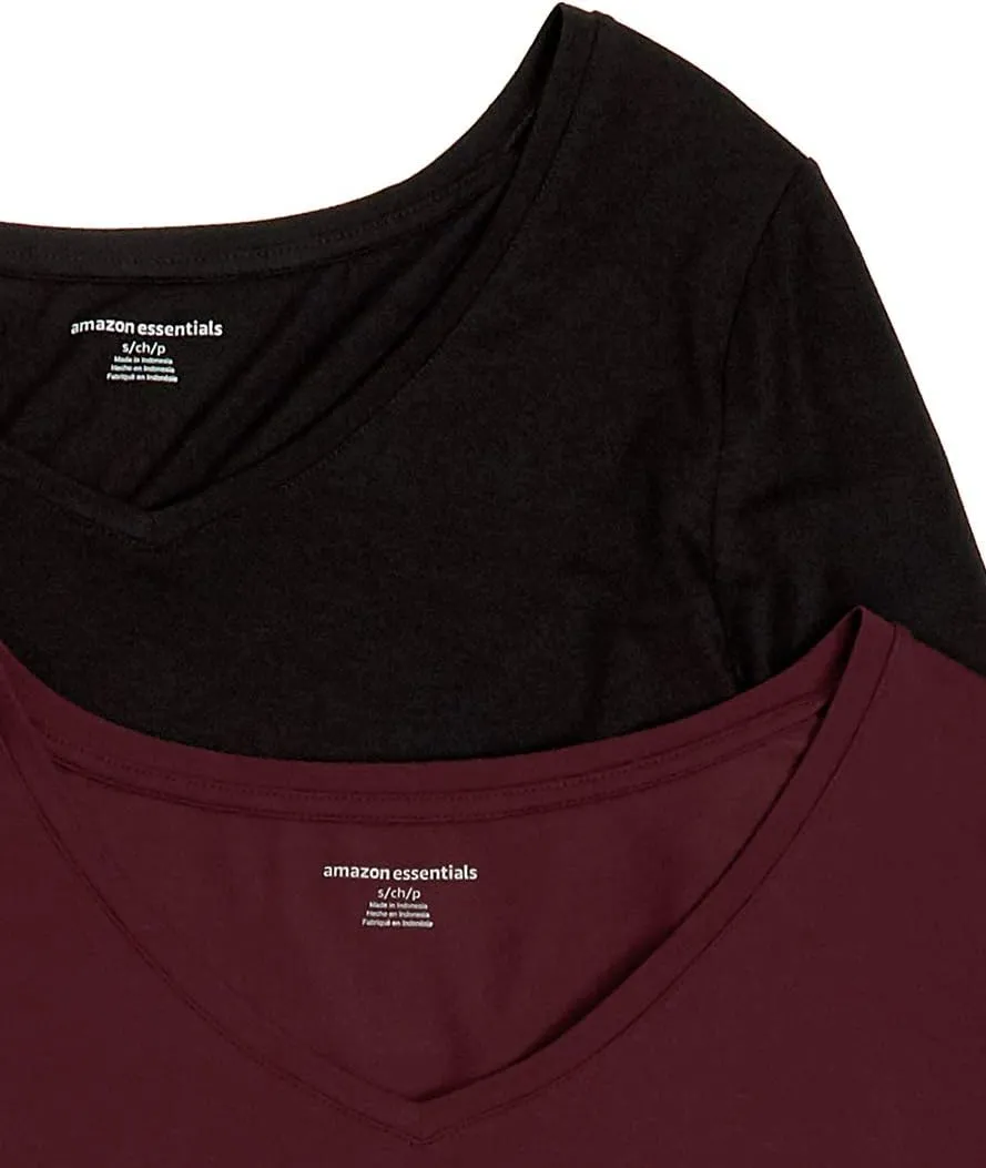 Amazon Essentials Women's 3/4 Sleeve V-Neck Swing T-Shirt (Available in Plus Size), Pack of 2