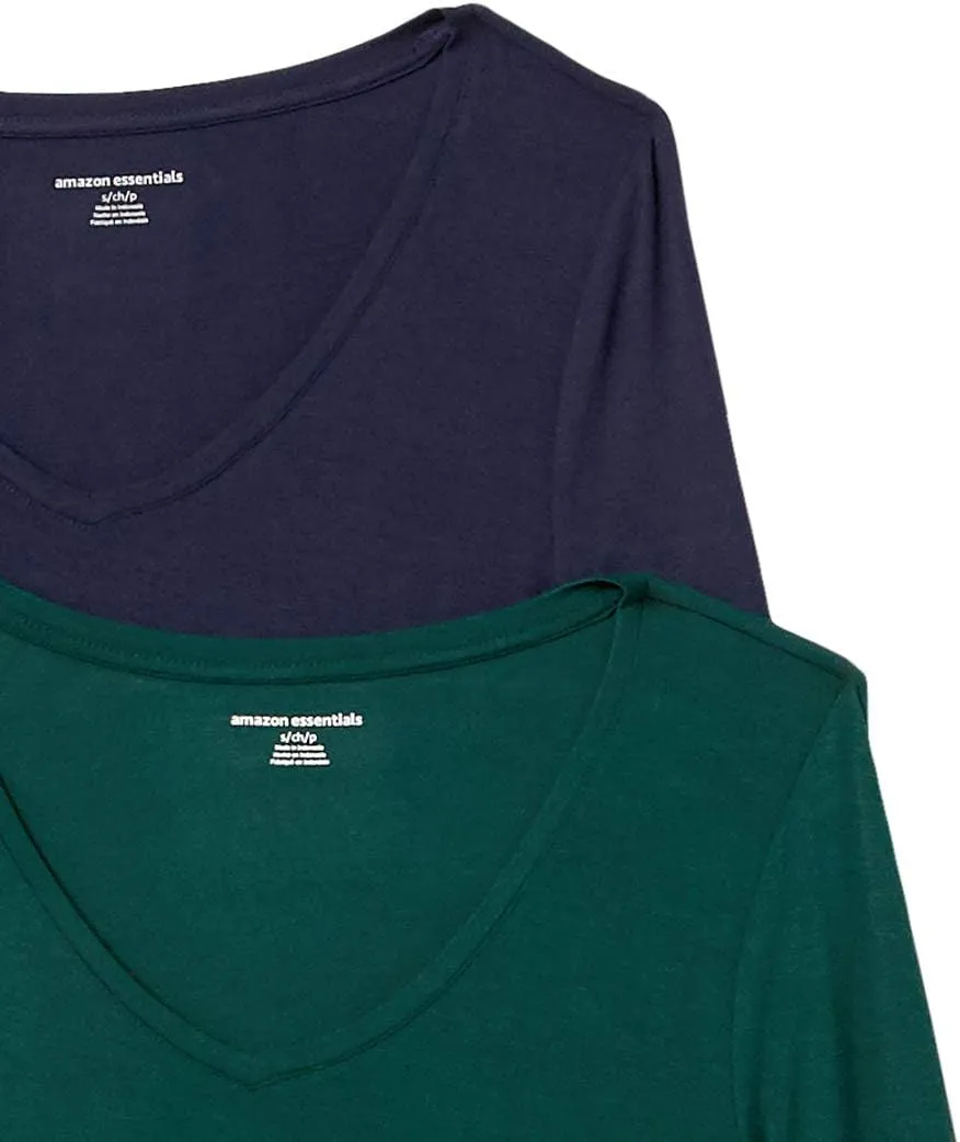 Amazon Essentials Women's 3/4 Sleeve V-Neck Swing T-Shirt (Available in Plus Size), Pack of 2