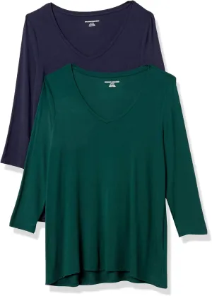 Amazon Essentials Women's 3/4 Sleeve V-Neck Swing T-Shirt (Available in Plus Size), Pack of 2
