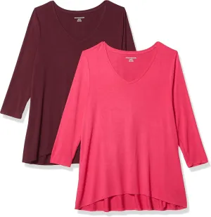 Amazon Essentials Women's 3/4 Sleeve V-Neck Swing T-Shirt (Available in Plus Size), Pack of 2