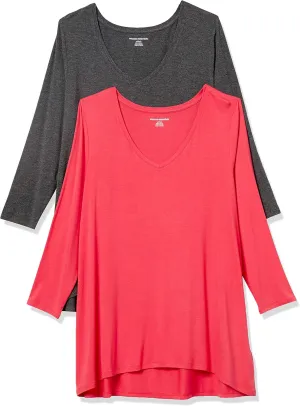 Amazon Essentials Women's 3/4 Sleeve V-Neck Swing T-Shirt (Available in Plus Size), Pack of 2