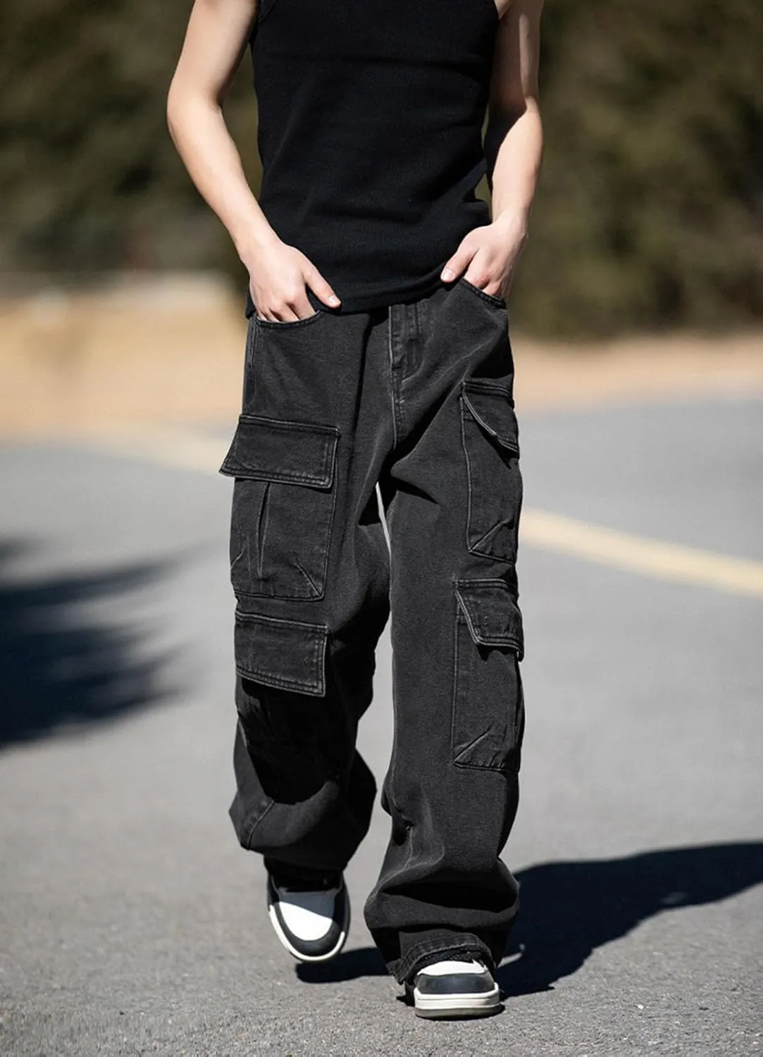 Baggy Cargo Jeans Men Teen Boys Casual Loose Jeans Flap Pockets Y2k Denim Pants 90s Hip Hop Streetwear