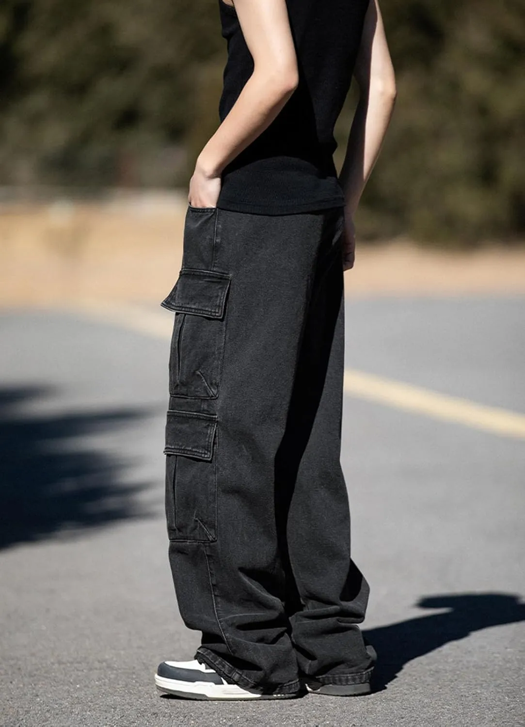 Baggy Cargo Jeans Men Teen Boys Casual Loose Jeans Flap Pockets Y2k Denim Pants 90s Hip Hop Streetwear