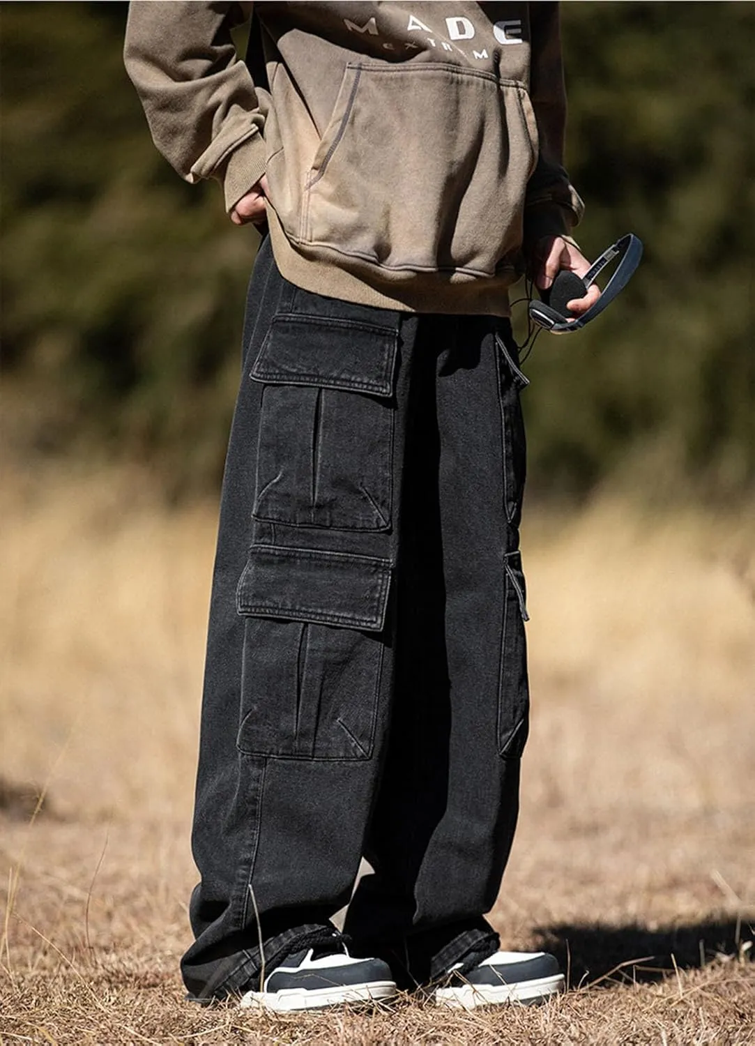 Baggy Cargo Jeans Men Teen Boys Casual Loose Jeans Flap Pockets Y2k Denim Pants 90s Hip Hop Streetwear