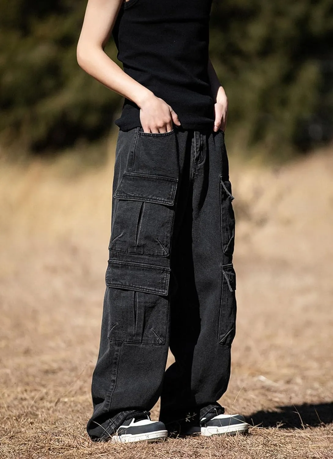 Baggy Cargo Jeans Men Teen Boys Casual Loose Jeans Flap Pockets Y2k Denim Pants 90s Hip Hop Streetwear