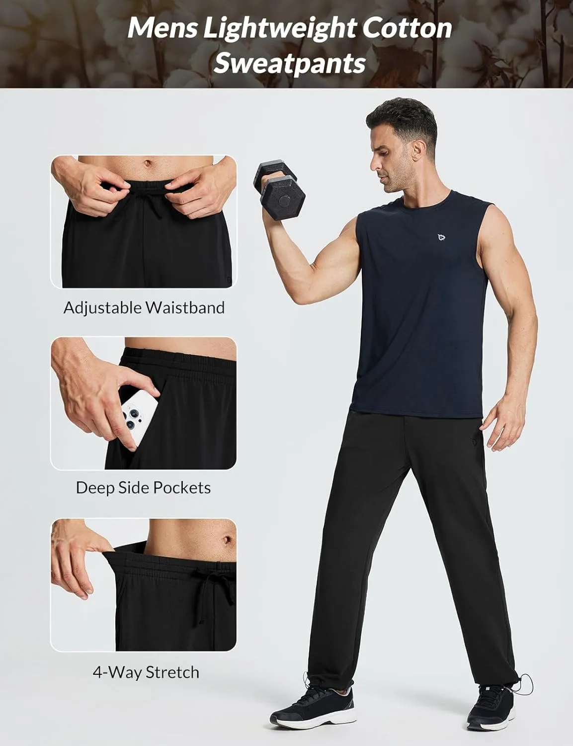 baleaf Men's Sweatpants Casual Lounge Cotton Pajama Yoga Pants Open Bottom Straight Leg Male Sweat Pants with Pockets