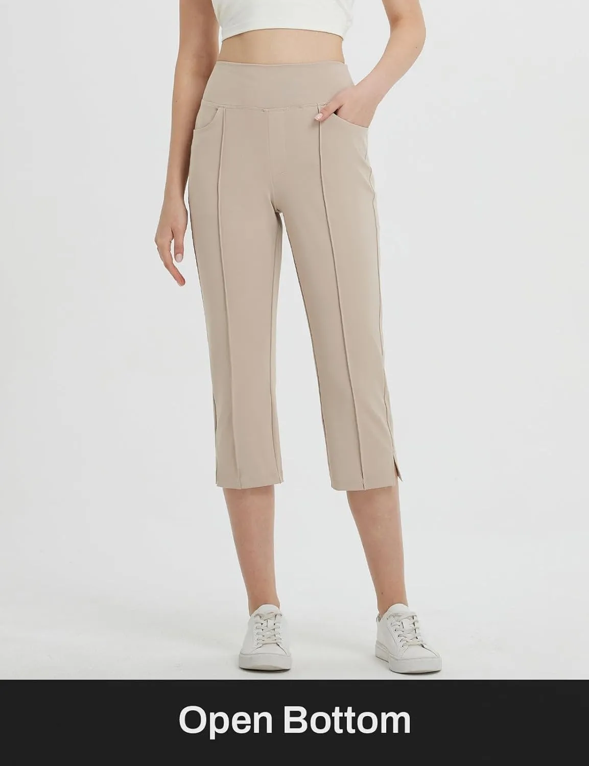 baleaf Womens Capri Yoga Pants with 4 Pockets Capris Leggings Dressy Casual Stretch Crop Lounge Straight Open Bottom Summer