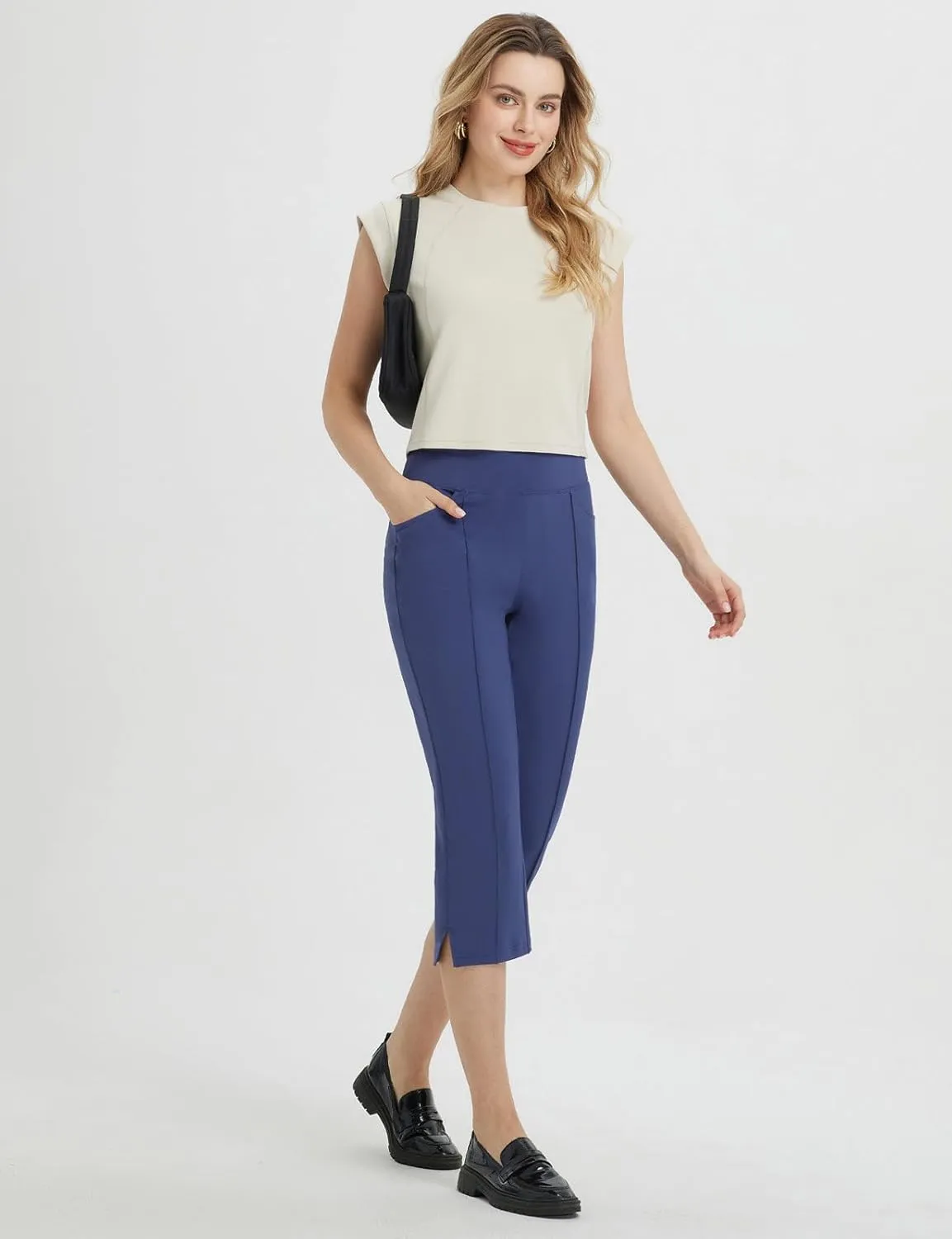 baleaf Womens Capri Yoga Pants with 4 Pockets Capris Leggings Dressy Casual Stretch Crop Lounge Straight Open Bottom Summer