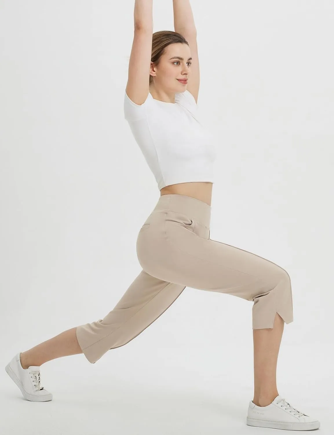 baleaf Womens Capri Yoga Pants with 4 Pockets Capris Leggings Dressy Casual Stretch Crop Lounge Straight Open Bottom Summer
