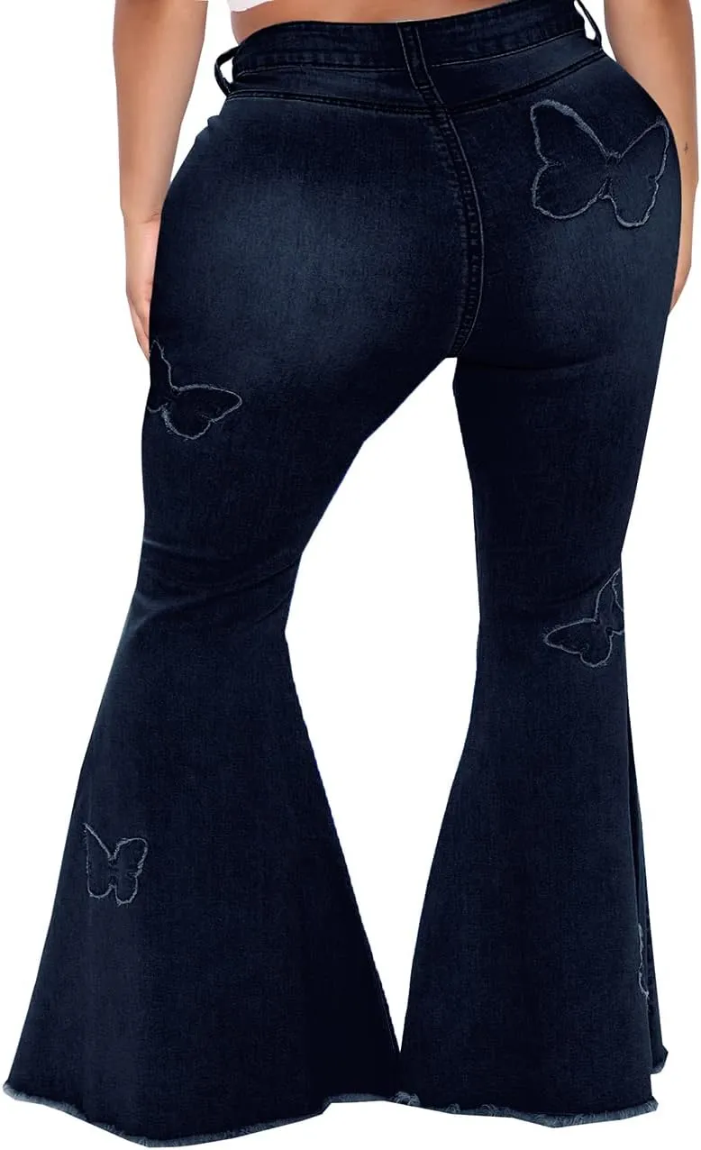 BessCops Plus Size Bell Bottom Jeans for Women Elastic High Waisted Classic Flared Denim Pants