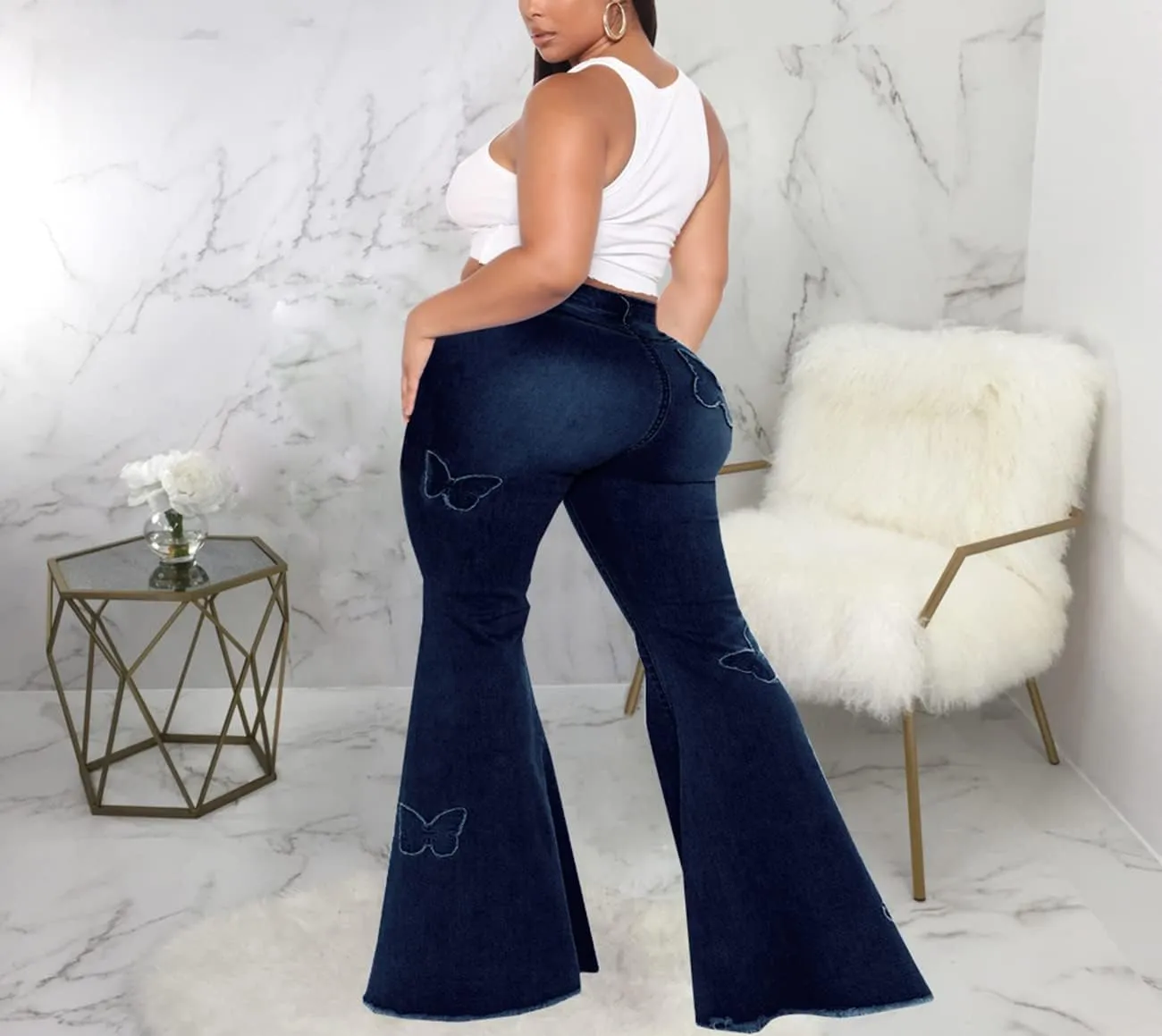 BessCops Plus Size Bell Bottom Jeans for Women Elastic High Waisted Classic Flared Denim Pants