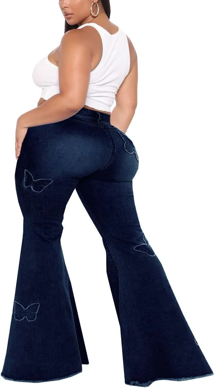 BessCops Plus Size Bell Bottom Jeans for Women Elastic High Waisted Classic Flared Denim Pants