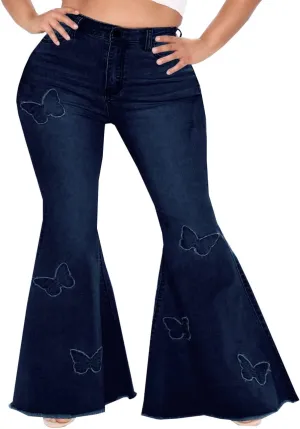 BessCops Plus Size Bell Bottom Jeans for Women Elastic High Waisted Classic Flared Denim Pants
