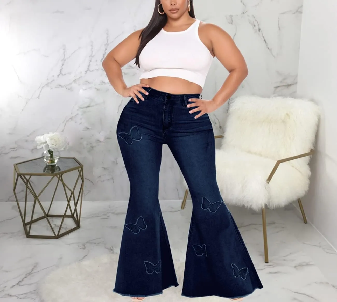 BessCops Plus Size Bell Bottom Jeans for Women Elastic High Waisted Classic Flared Denim Pants