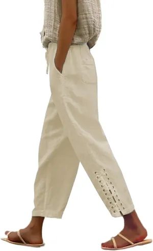 BIRW 2025 Summer Women Linen Pants with Pockets High Waist Comfy White Gauze Pants Casual Lightweight Loose Trousers