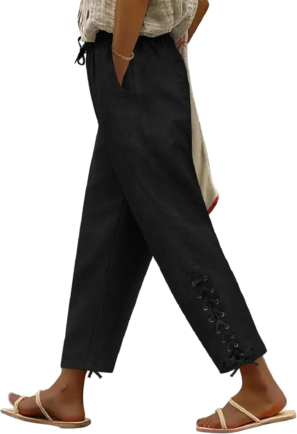 BIRW 2025 Summer Women Linen Pants with Pockets High Waist Comfy White Gauze Pants Casual Lightweight Loose Trousers