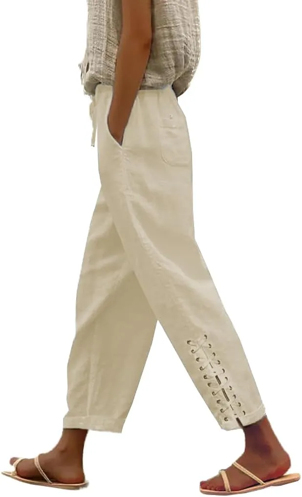 BIRW 2025 Summer Women Linen Pants with Pockets High Waist Comfy White Gauze Pants Casual Lightweight Loose Trousers