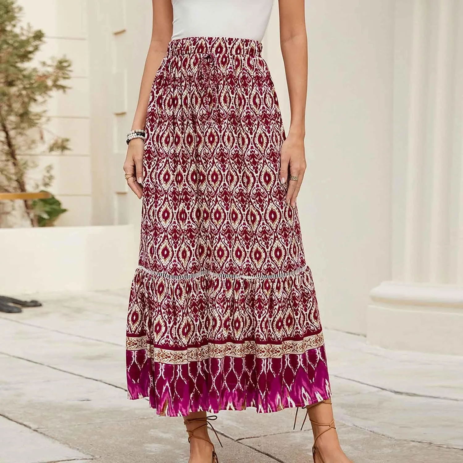 Bohemian Maxi Skirt Women Floral Boho Chic Summer Vacation Beach
