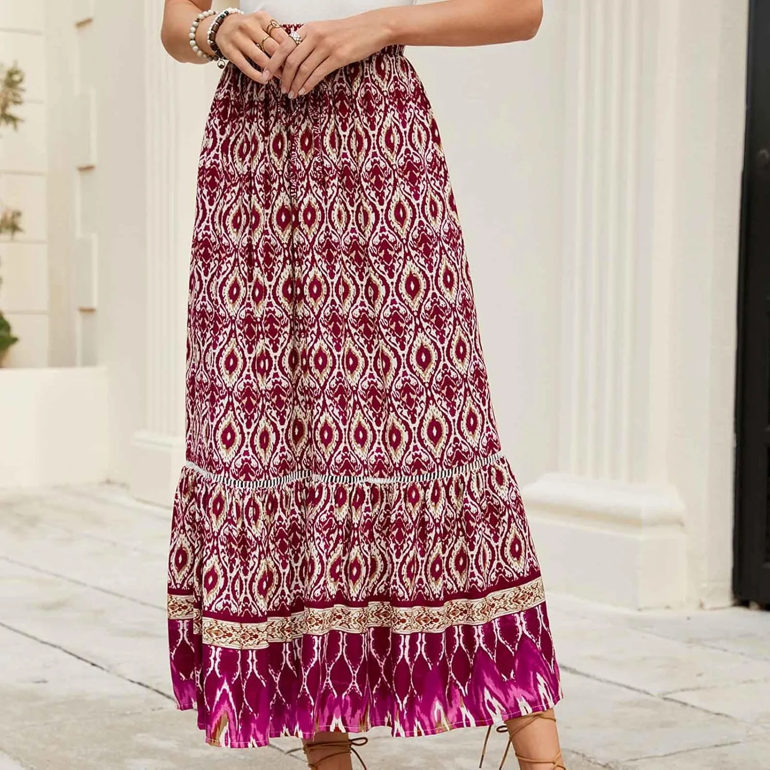 Bohemian Maxi Skirt Women Floral Boho Chic Summer Vacation Beach