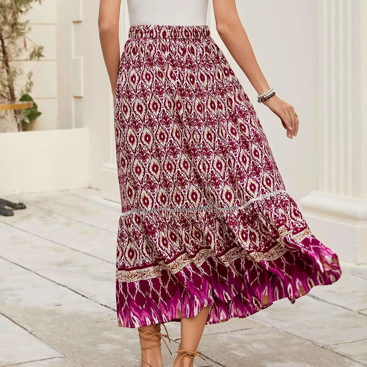 Bohemian Maxi Skirt Women Floral Boho Chic Summer Vacation Beach