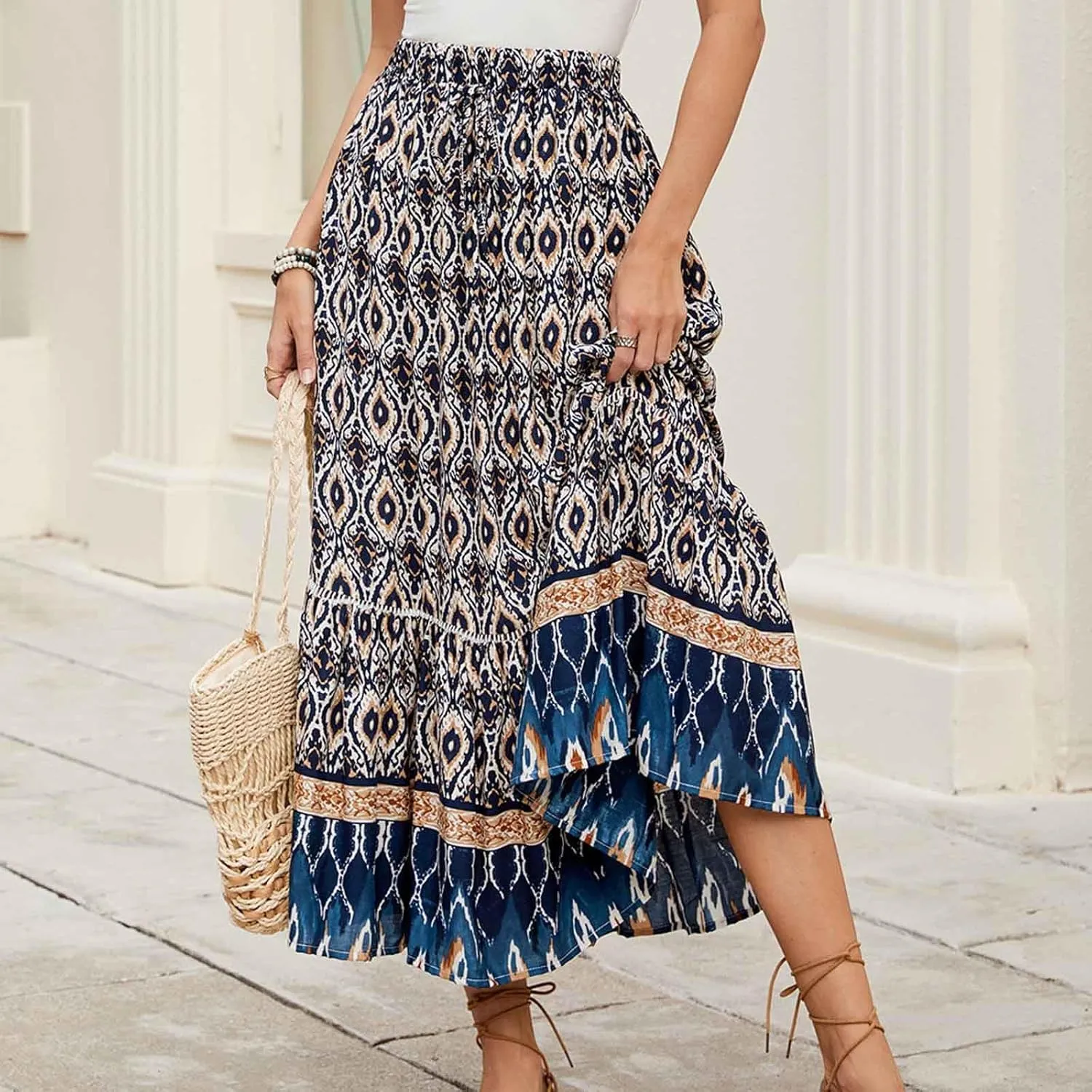 Bohemian Maxi Skirt Women Floral Boho Chic Summer Vacation Beach