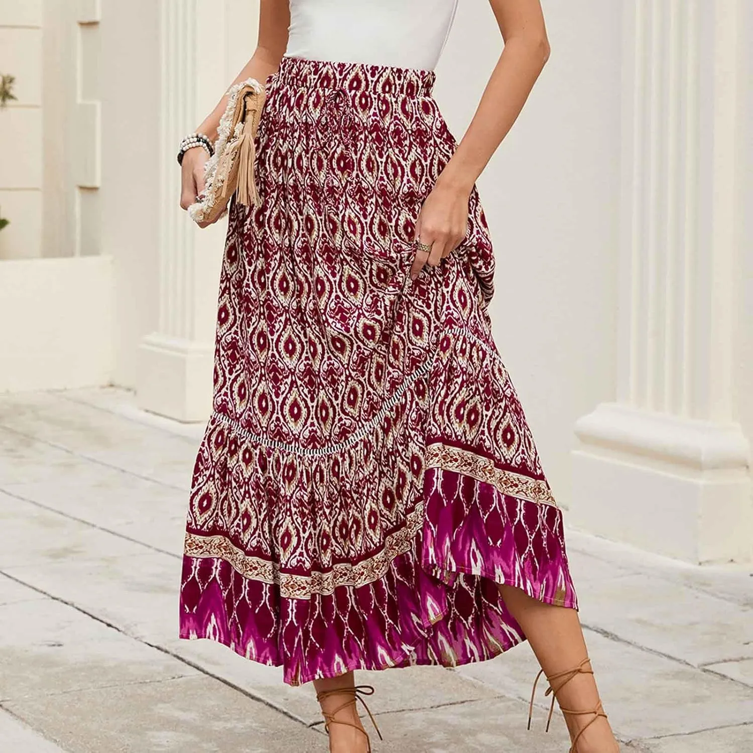 Bohemian Maxi Skirt Women Floral Boho Chic Summer Vacation Beach